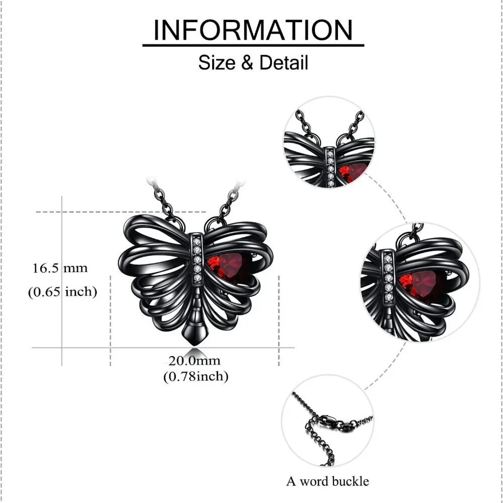 Sterling Silver Skull Necklace Gothic Rib Heart Pendant Gift for Women